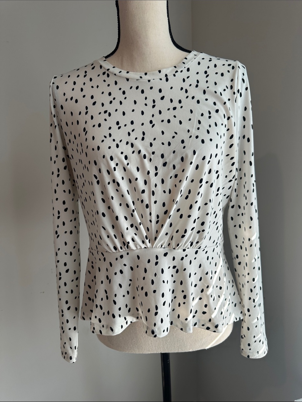 Banana Republic Factory Cream Long-Sleeve Peplum Top with Black Spot Print